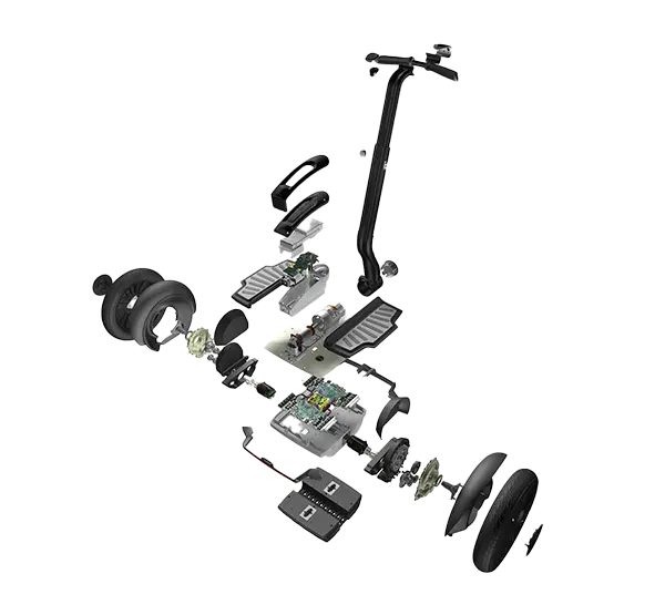Vue éclatée d'un gyropode Segway : roues, moteurs, platine et capots séparés