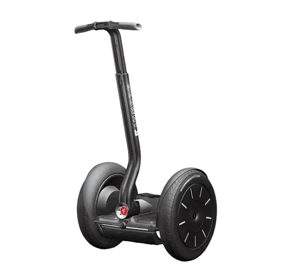 Gyropode Segway i2 SE vu de face, deux roues parallèles et colonne de direction
