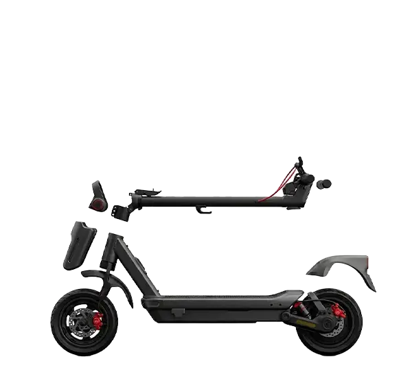 Trottinette Segway-Ninebot aux composants détachés : roue, garde-boue et potence