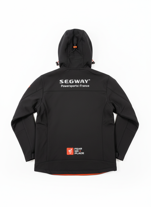 Blouson softshell Segway Powersports noir, vue arrière avec logo brodé