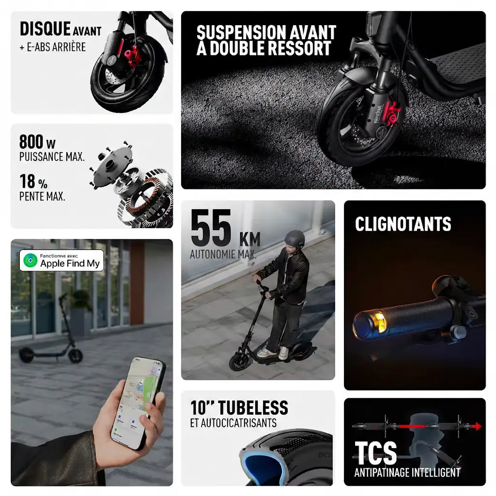 Caractéristiques de la trottinette Segway Ninebot F2 E II : 800 W, 55 km, pneus 10 pouces