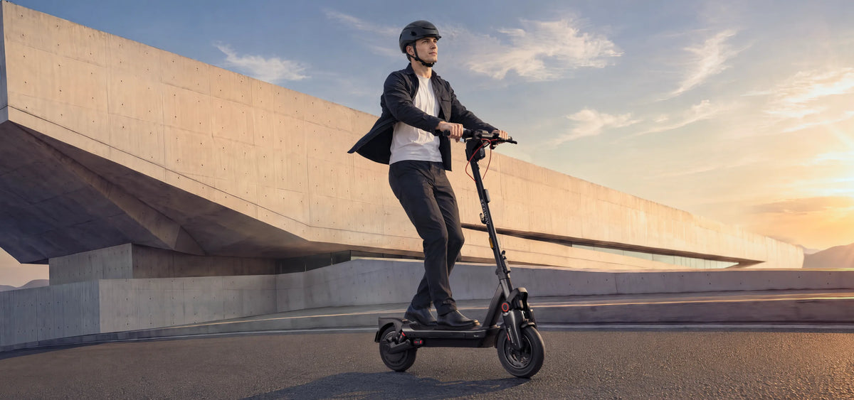 Conducteur sur la trottinette électrique Ninebot MAX G3 Pro E en ville au coucher du soleil