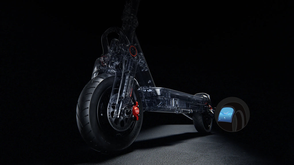 Vue en transparence des roues de 12 et 11 pouces de la Ninebot MAX G3 Pro E