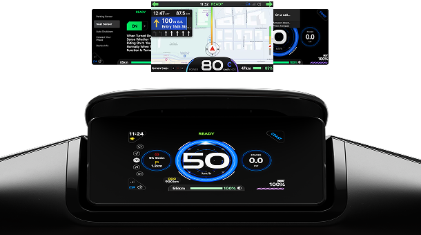 Gros plan sur le panneau d'affichage du Segway e250S avec indicateurs de vitesse et de batterie